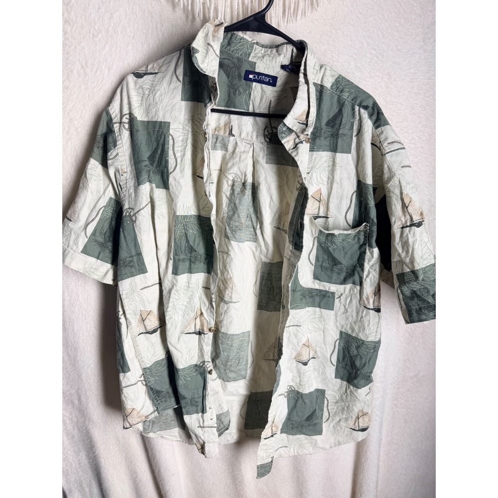 Puritan Mens Large Short Sleeve Button Down Shirt Nautical Sailboat Green Cream